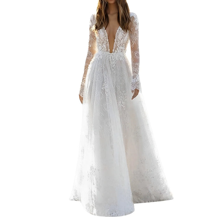Women's Elegant Wedding Dress Sexy V Neck Lace Low Cut Long Sleeve Holiday Dress Puff Long Sleeves Bride Gown Party Dresses
