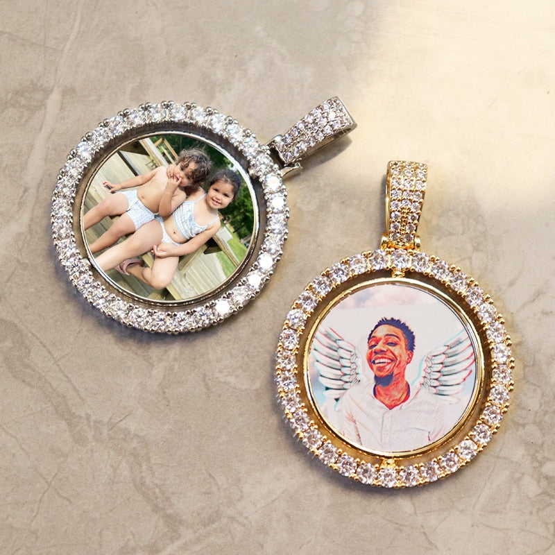 Custom Made Bling Photo Rotating double-sided Medallions Pendant Micro Paved Cubic Zirconia Round Pendant Collier For Men Women Accessories