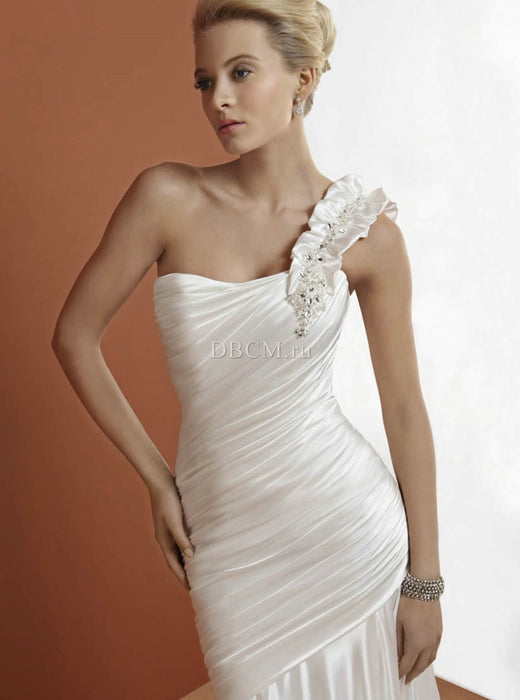 Wedding Dress White Satin One Shoulder Pleated OreaSposa L634 Designer Wedding Gown