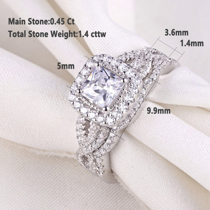 Newshe 2 Pcs 925 Sterling Silver Engagement Ring Wedding Band For Women Princess Cut White AAAAA Cubic Zirconia Classic Jewelry