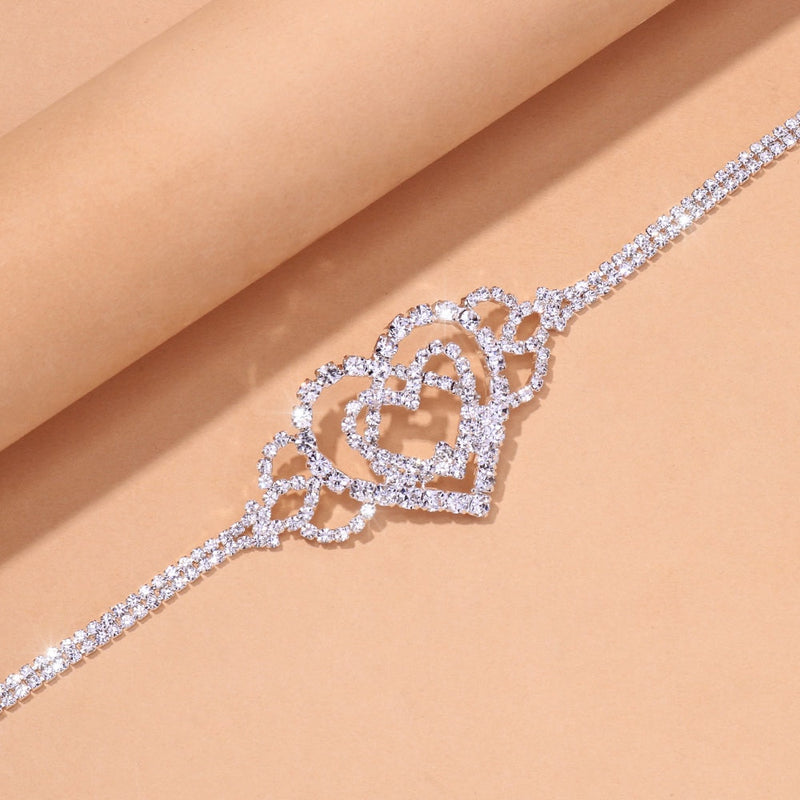 Double Heart Anklet Rhinestone Chain Jewelry for Women Bling Love Foot Chain Anklet Bracelet Crystal Jewelry