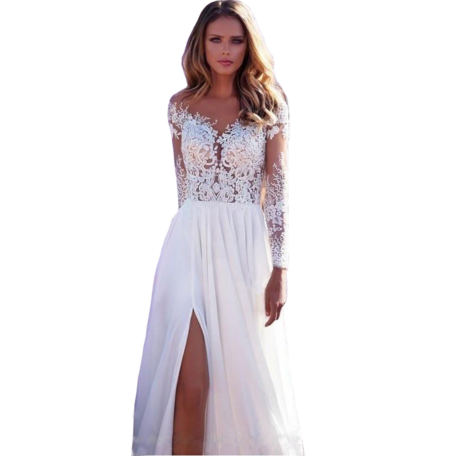 Stunning Long-Sleeved See-Through Lace Wedding Dress with Split Long Bridal Gown
