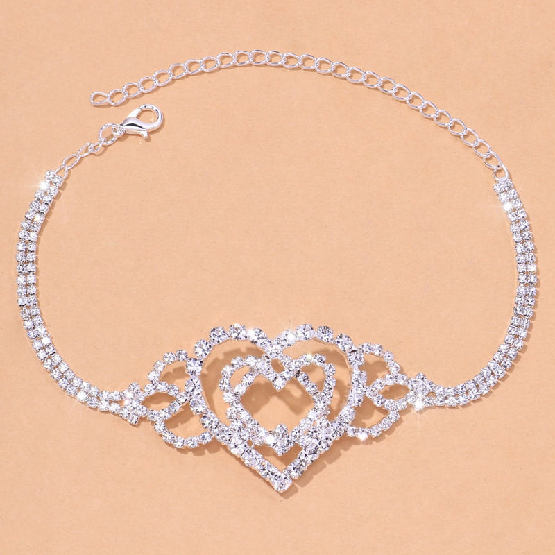 Double Heart Anklet Rhinestone Chain Jewelry for Women Bling Love Foot Chain Anklet Bracelet Crystal Jewelry