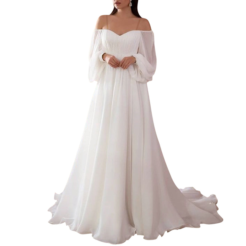 Women Elegant White Chiffon Wedding Dress Long Sleeve Party Dress Sexy Off Shoulder Chiffon Long Bridal Gowns