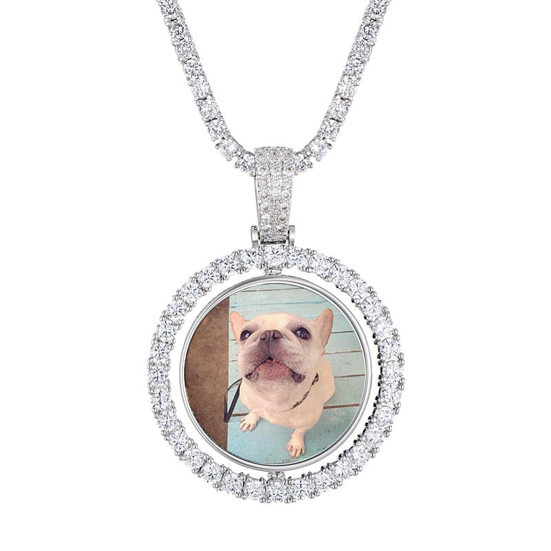 Custom Made Bling Photo Rotating double-sided Medallions Pendant Micro Paved Cubic Zirconia Round Pendant Collier For Men Women Accessories