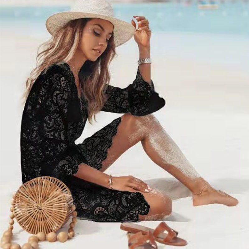 Crochet White Knitted Beach Cover Up Dress Tunic Bikinis Cover Ups Swim Cover Up Robe Beachwear